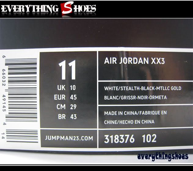 Nike Air Jordan XX3 White Stealth Black Metallic Gold Basketball Shoes 