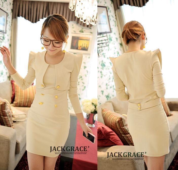 Womens Long Sleeve Puffy shoulder Buttons career casual dress Apricot 