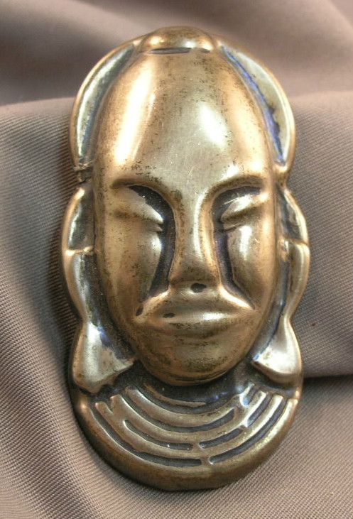 Vintage 1940s Sterling Silver African Mask Face Brooch  