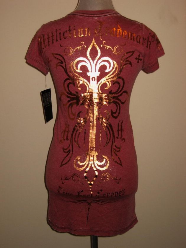 Affliction Live Fast GOLD FOIL CROSS T Shirt Womens Red NWT  