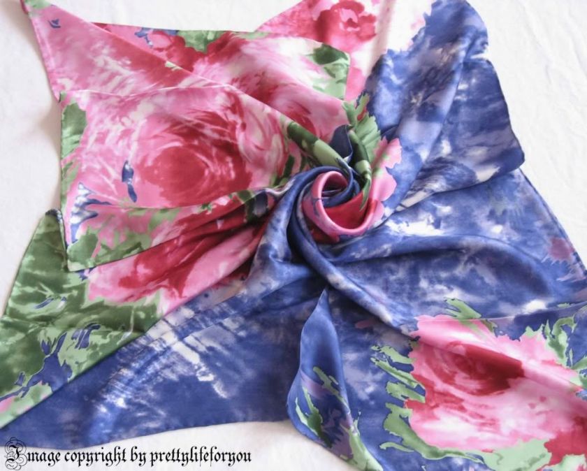   35X35 100% Twill Silk Scarf Wrap, Pink Roses, Hand rolled hems