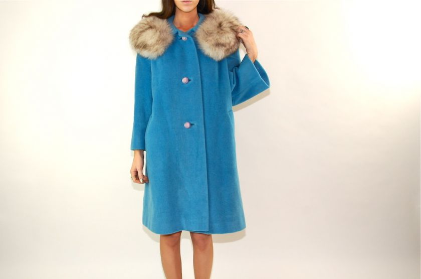 vtg 60s HUGE ARCTIC FOX FUR COLLAR wool SWING mod dress cape TENT coat 