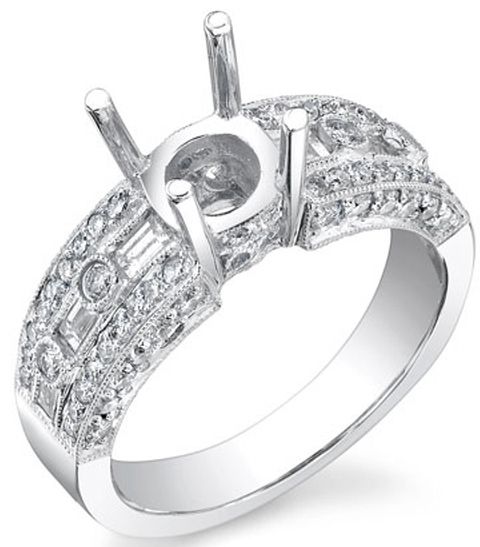   Baguette Antique Diamond Semi Mount Engagement Ring 18K White Gold