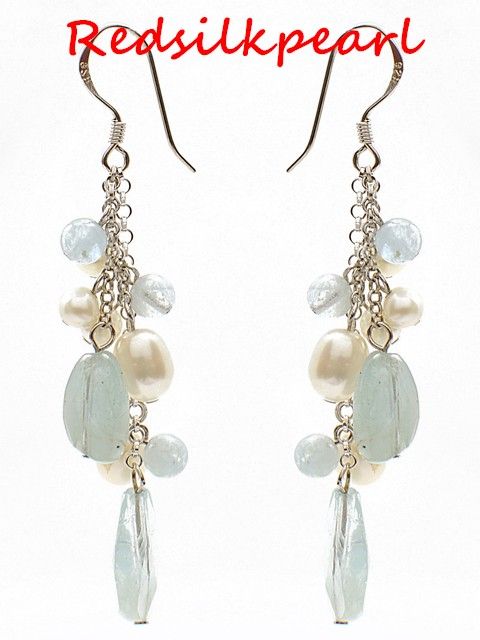   925 aquanarine Real Genuine Natural freshwater pearl earrings  