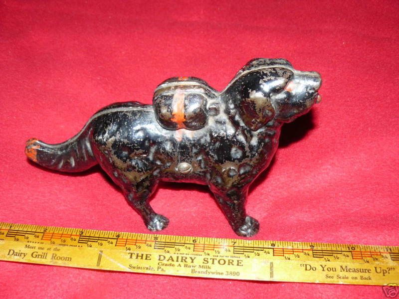Very Old Black Painted Cast Iron Dog Bank  