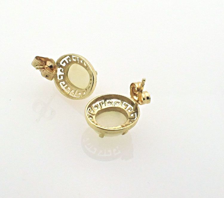 14k Yellow Gold OPAL Stud Pierced Earrings Greek Key  
