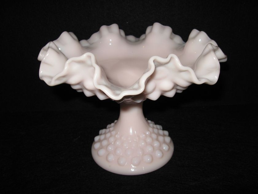 vintage PINK hobnail Ruffled compote footed bowl  