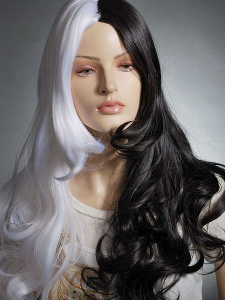 Long Black White Curly Animation Cosplay Wig 67cm  